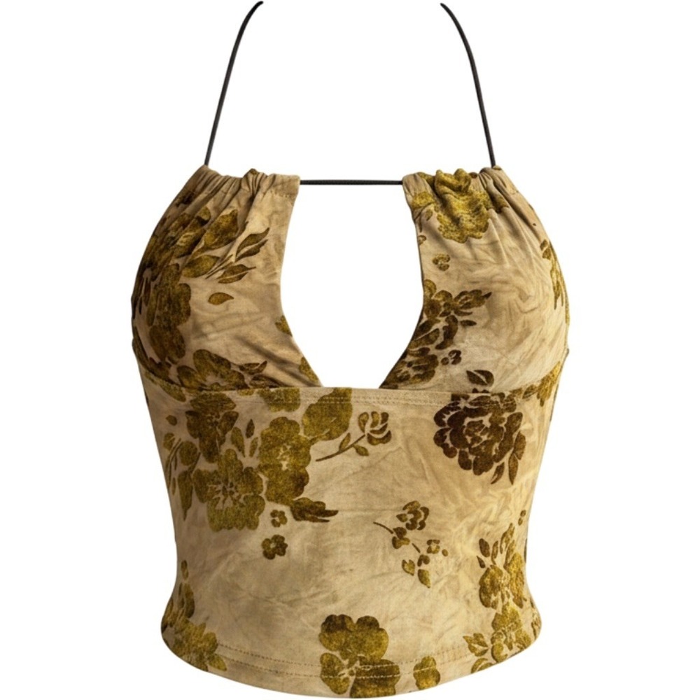 New 2XS Olive Green Burnout Floral Velvet Keyhole Halter Top